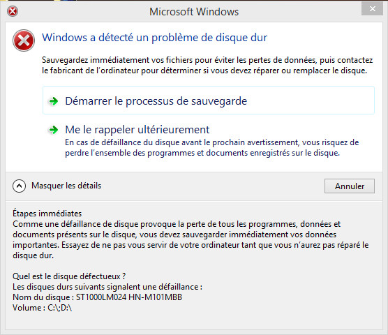 Windows affiche un avertissement S.M.A.R.T. - Windows a détecté un problème de disque dur
