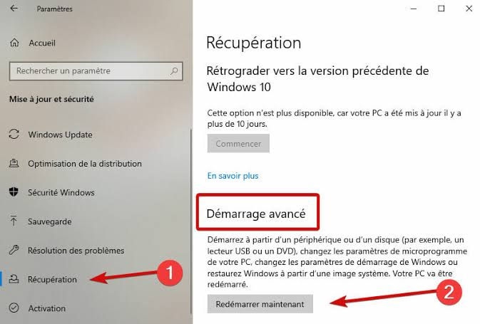 cliquer sur redémarrer maintenant dans l'élément de récupération