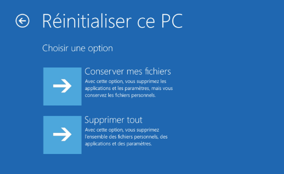 Menu WinRE: options de réinitialisation de ce PC, conserver mes fichiers