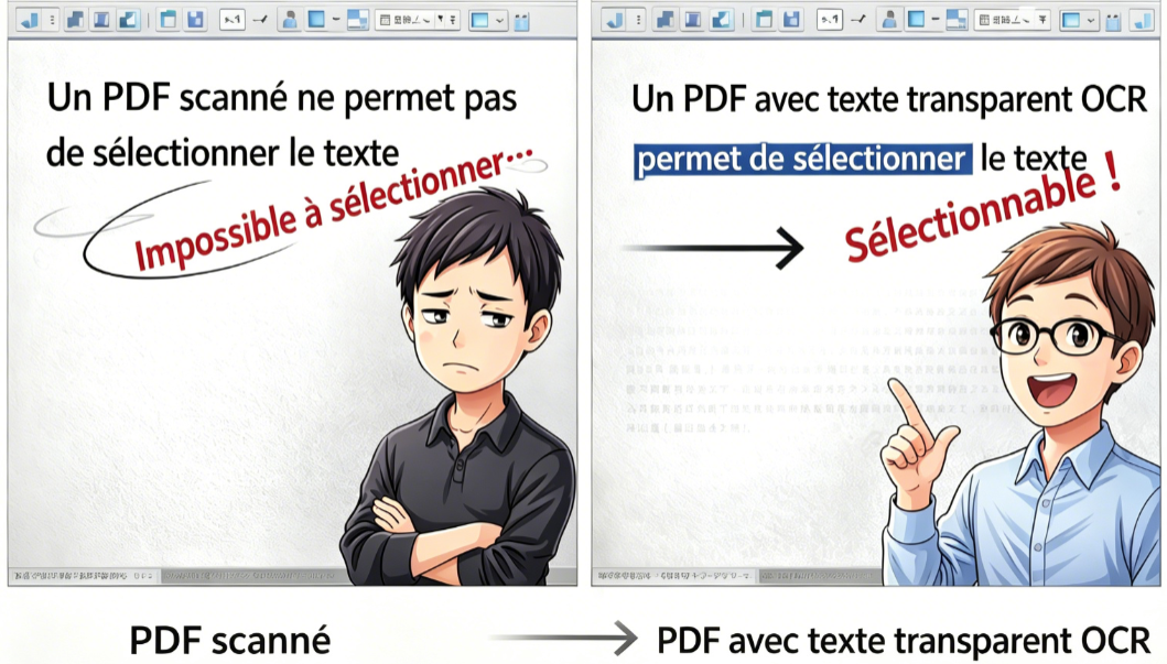 Comparaison côte à côte du texte d'un PDF numérisé non sélectionnable et du texte d'un PDF natif sélectionnable