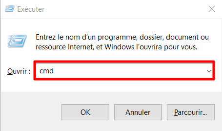 appuyer sur Win + R pour exécuter cmd