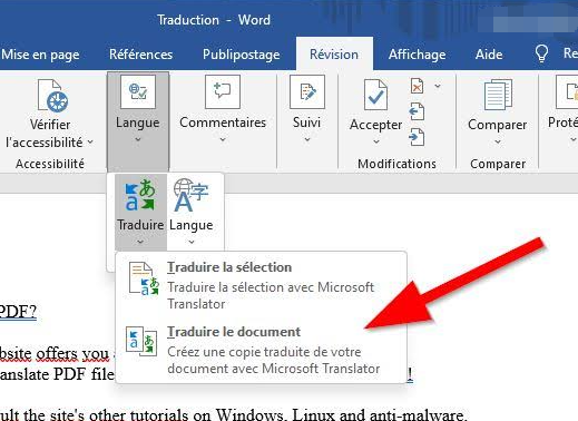 Traduire un PDF dans Word