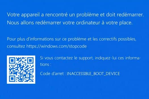 Écran bleu de la mort (BSOD) Windows: INACCESSIBLE_BOOT_DEVICE