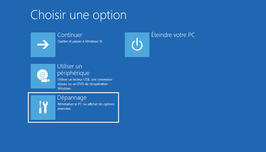 sélectionner pour exécuter l'écran des options de récupération Windows dépannage